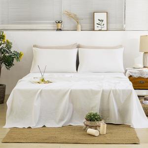 TUMEI 100% Linen Queen Bed Sheets Set - 4Pcs Linen Sheets Queen Size Bed Set with Soft Breathable and Durable Deep Pocket Fitted Sheet & Flat Sheet & 2 Pillowcases,White Queen