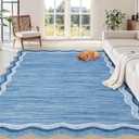 Scalloped Washable 8x10 Rugs for Living Room Bedroom Large Scalloped Solid Rug Non-Slip Stain Resistant Carpet Easy Clean Kids&Pet Friendly Carpet for Nursery Dining Room Table Dorm Blue