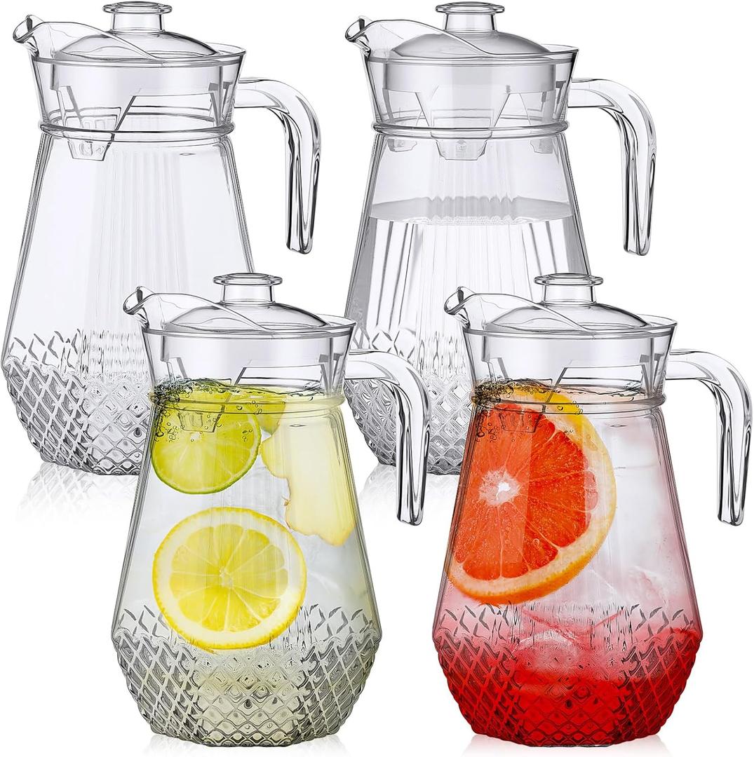 4 Pack Plastic Pitcher 34oz Clear Plastic Water Pitcher with Lid and Spout Handle Fridge Jug Beverage Container for Cold Tea Lemonade Sangria Juice Milk