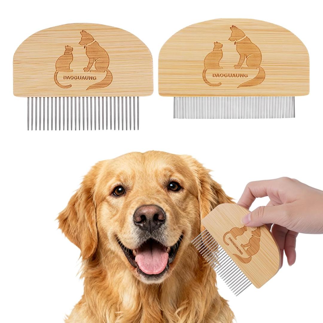 2 x Pet Grooming Combs for Dogs Cats, 2 Pack Bamboo Combs with Wide Fine Teeth for Shedding, Detangling, Flea Removal and Daily Care