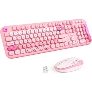 MOFII Wireless Keyboard and Mouse Combo, Full Size 2.4G Plug and Play Typewriter Retro Round Computer Keyboard and Mouse Set for Windows, Computer, Desktop, PC, Notebook - (Pink Colorful)