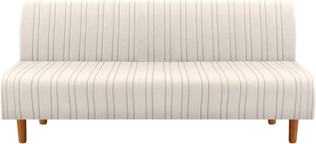 H.VERSAILTEX Stretch Futon Slipcover Armless Sofa Cover Furniture Protector Without Armrests Slipcover Soft with Elastic Bottom for Kids, Spandex Jacquard Modern Stripe Design, Ivory