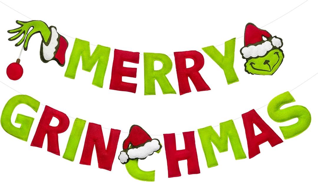 Merry Grinchmas Decorations Pre-Strung Handmade Felt Merry Grinchmas Sign Red Green Xmas Banner for Fun Christmas Holiday Theme Nursery Home Wall Decor Birthday Baby Shower Party Decorations Supplies