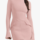 ANRABESS Women's Long Sleeve Mock Neck Sexy Bodycon Mini Dress Dressy Casual Elegant Formal Party Blazer Dresses with Pockets, Pink, Medium