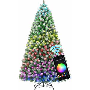 HOLLO STAR 6 ft Prelit Christmas Tree with 250 LED Lights, App Control, Artificial Christmas Tree, Multi-Color RGBW Lights, 914 Flocked Frosted Tips, 58 Pine Cones, Metal Base, for Home, Party