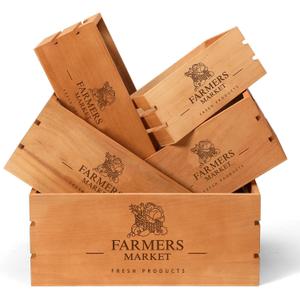 Barydat Set of 5 Wood Crates for Display Decorative Nesting Wooden Crate Storage with Handles Vintage Farmhouse Style Decorative Boxes Multipurpose Fruits Vegetables Boxes(Brown,Classic)