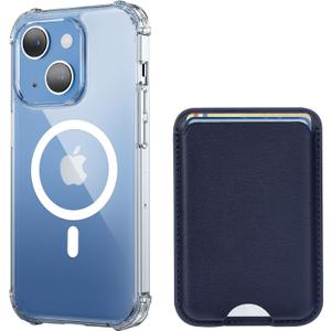 for iPhone 13 Case with Card Holder, Compatible with MagSafe Clear Case Magnetic Wallet, Anti-Yellowing & MIL-Grade Protective, Includes Detachable Blue Leather Wallet Holds 3 Cards
