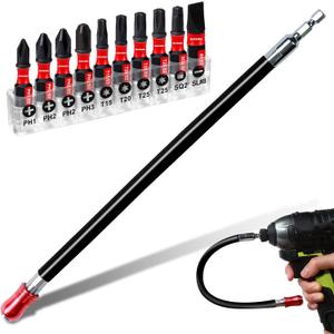 Flexible drill bit Extension Screwdriver Bit Holders, 1PACK 12Inches Flex Shaft Extension Socket Drill Bit Holder Hex Shank Quick-Change Drill Bit Guide with 10PC Screwdriver Bits