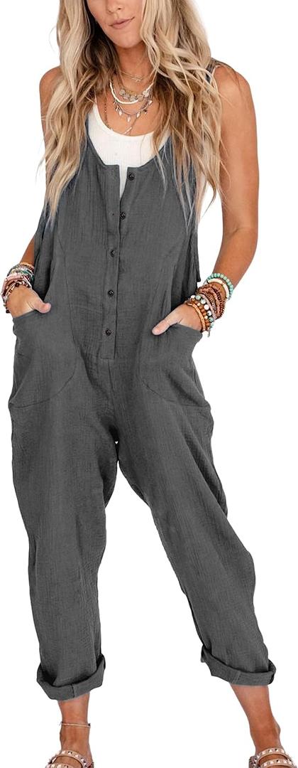Yeokou Womens Overalls Linen Cotton Jumpsuits Loose Casual Jumpers with Pockets(Grey-S)