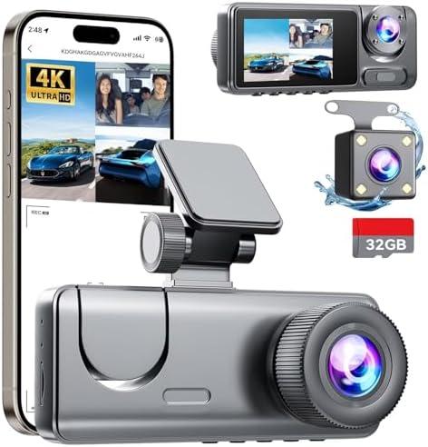 3 Channel Dash Cam Front and Rear Inside, Bulit a 32GB Card, Dash Camera for Cars,4K Full HD 2.0'' IPS Screen Dashcam with G-Sensor, IR Night Vision, WDR, Loop Recording, 24H Parking Mode