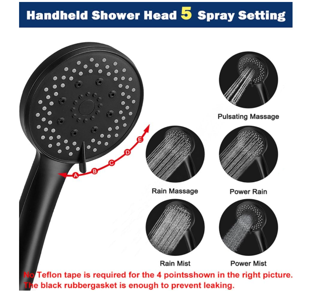 NearMoon
5 Spray Function Handheld Shower Head - High Pressure Bath Fixture
 (Matte Black)