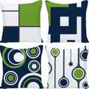 Blue and Green Pillow Covers 18x18, Navy Blue Green Geometric Pillows Cover Set of 4 Outdoor Sturdy Linen Abstract Throw Pillow Cases Zipper for Patio Couch Sofa Living Room Home Decor
