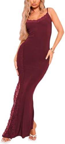 Women's Spaghetti Strap Maxi Dress Sexy Lace Split Side Long Cami Dresses 2XL
