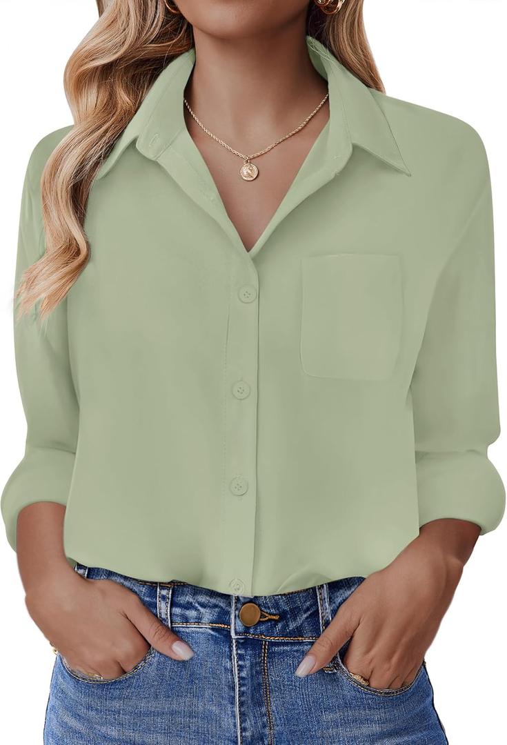 HOTOUCH Button Down Shirt for Women Basic Work Office Drop Shoulder Blouse Casual Loose Long Sleeve Tops with Pocket (Medium, Light Green)