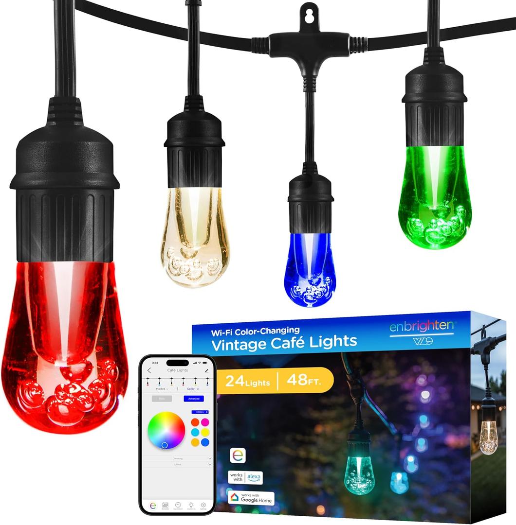 Enbrighten Vibe Vintage Outdoor String Lights Gen 2, 48ft, 24 RGBWIC Acrylic Bulbs, Weatherproof, Perfect for Gameday, Holidays, and More, Smart App Control, Compatible with Alexa, Google Home, 86128