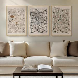 Framed Large Vintage William Morris Wall Art, Neutral Abstract Floral Canvas Artwork Prints, Rustic Boho Farmhouse Flower Botanical Picture Prints for Living Room Bedroom Hallway Office 16x24 Inch