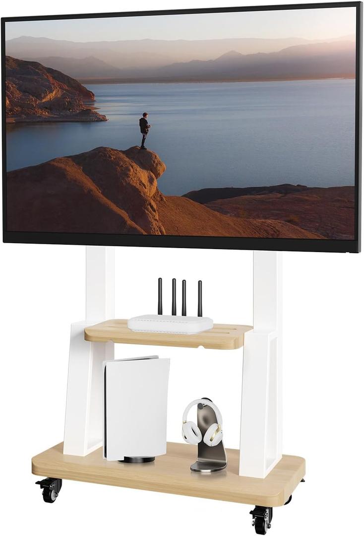 Mobile TV Cart for 32-75 Inch Flat/Curved LED/LCD/OLED TVs, Height Adjustable Rolling TV Stand with Wheels, Heavy Duty Portable Floor TV Stand with Steel Shelf Base, Holds up to 180lbs