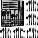 49-Piece Black Silverware Set with Drawer Organizer, Stainless Steel Cutlery for 8 with Matte Steak Knives, Forks, Spoons - Dishwasher Safe