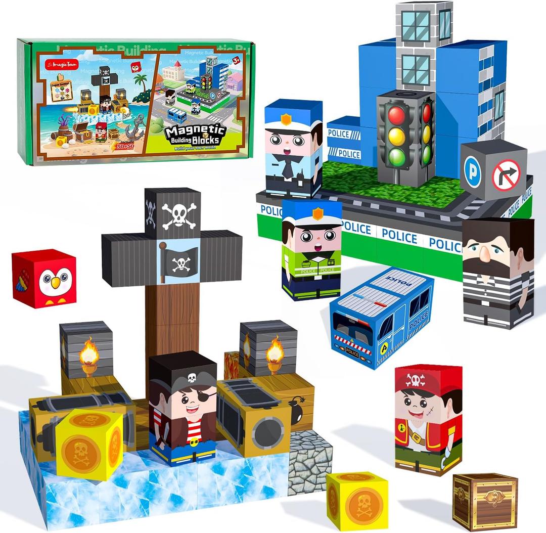 100 PCS Kids Magnetic Building Blocks, Police Station and Pirate Ship Theme, Educational Construction Toy Set, Creative Learning Playset