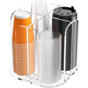 Beego Rotatable 4-Compartment Acrylic Cup Dispenser - Coffee Station Cup and Lid Carousel Countertop Plastic Cup Holder for Restaurant Breakroom Coffee Bar (Clear)