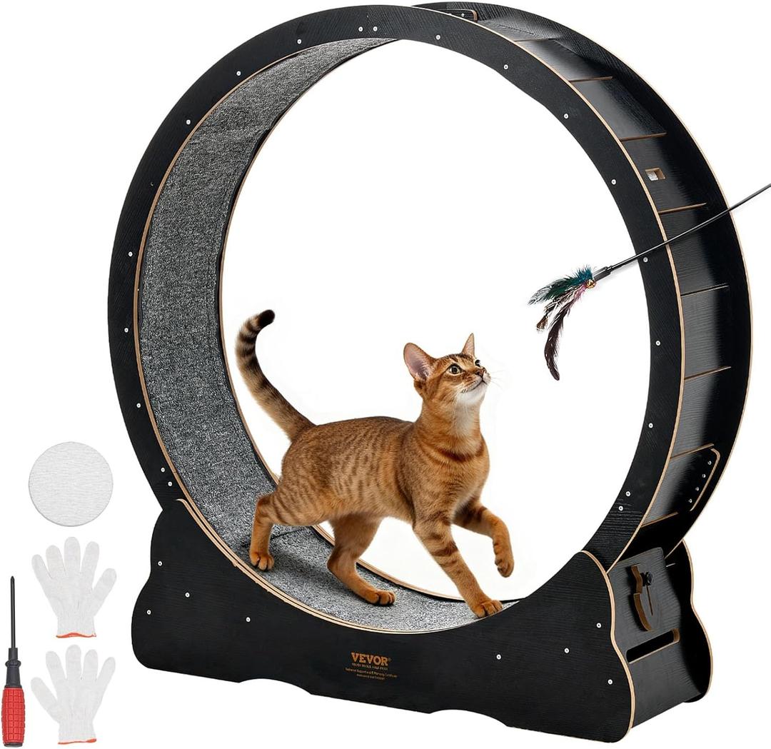 VEVOR Cat Exercise Wheel, 48 in Wooden Cat Running Wheel for Indoor Cats up to 28 lbs, Cats Treadmill with Carpeted Runway & Locking Mechanism, Quiet Kitten Sport Toys for Pets Fitness & Health, Black