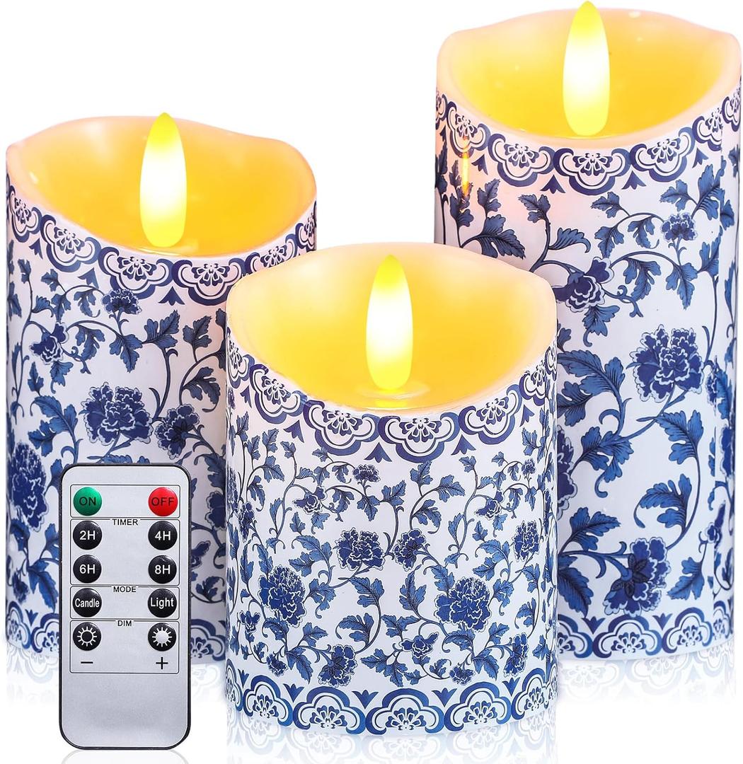 Tujoe 3 Pcs Chinoiserie Flameless Candles Blue and White Battery Operated Candles Blue White Floral Printed Faux Candles with Remote Timer for Wedding Garden Festive Home Party Decoration