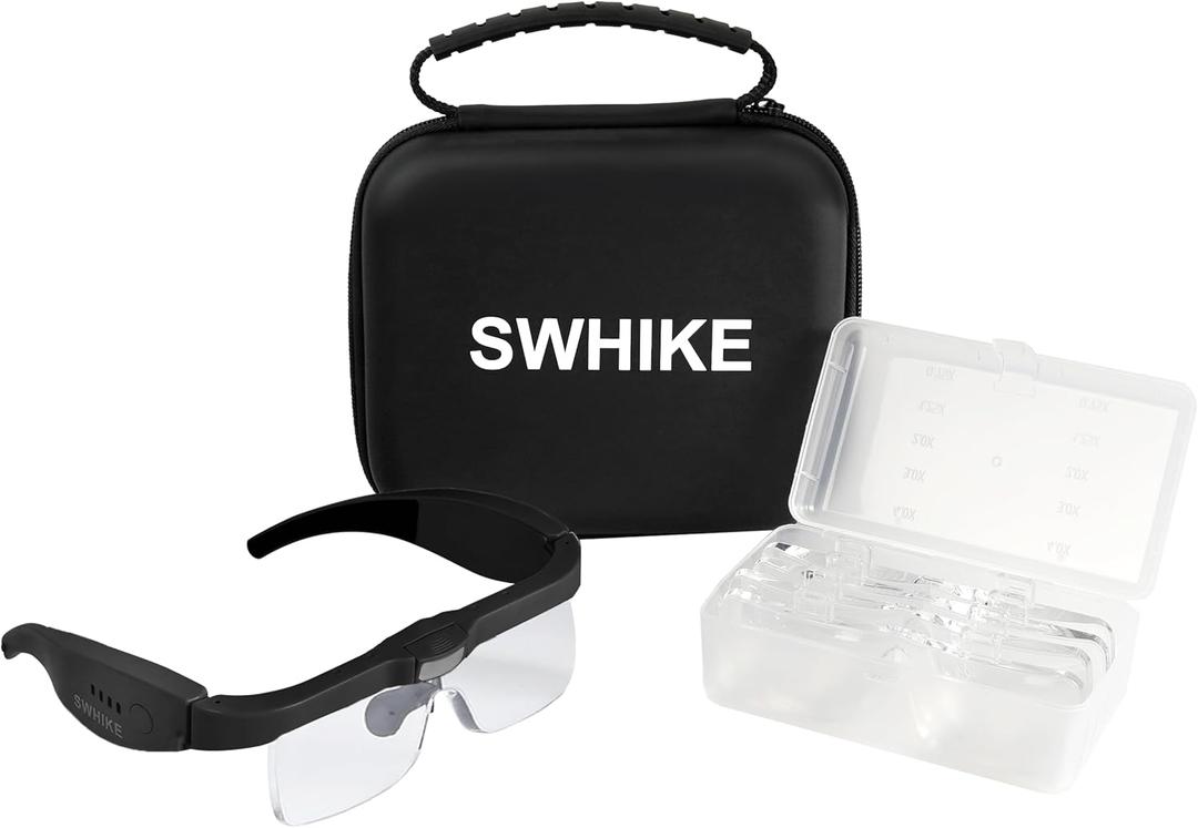 Magnifying Glass with Light Hands Free, Rechargeable Magnifying Glasses Headset with 5 Detachable Lenses and Storage Case for Close Work, Reading, Jewelry Making Crafts (Black)