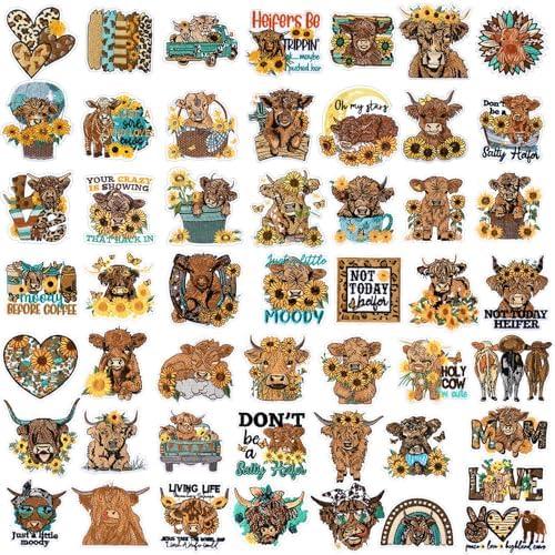 Wavwavw 50 Pcs Summer Sunflower & Highland Cow Iron on Patches Embroidered Patches Applique Western Cow Sew Iron on for Clothes Hats Backpacks Jackets Accessories