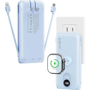 Portable Charger 10000mAh 20W, Wall Plug, 2 Cables, iWatch Charging | Digital Display, Compact Lightweight, USB C Fast Charge, USB-A 18W, Multi Protection, Travel Essential, for iPhone 17 16, Pad