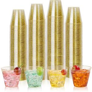 I00000 5oz 100 Pack Gold Glitter Plastic Cups, Glitter Disposable Small Plastic Cups, Disposable Clear Cup with Gold Glitter Shot Glasses, Small Tumbler Perfect for Wedding & Party