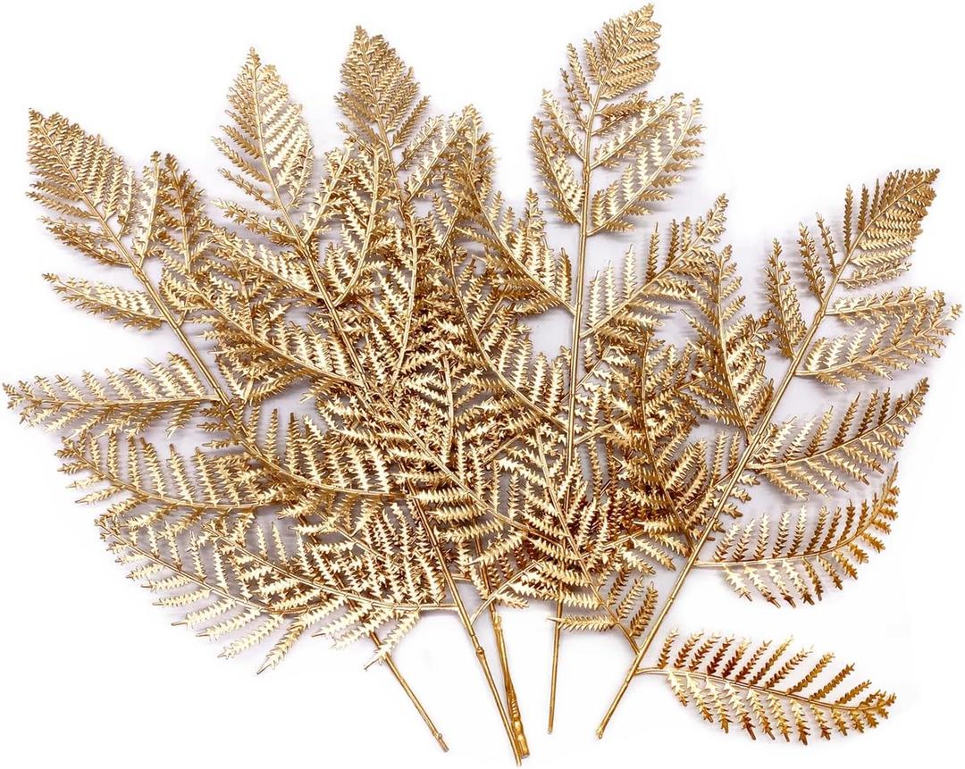Fake Golden Fern Leaves, Artificial Gold Plants Decor 5 Pack, Faux Plant Boston Ferns Simulation Plastic Leaf for Christmas Party Birthday Home Wedding Flower Gift DIY Decoration