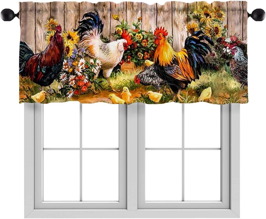 Valances for Windows,Rod Pocket,52 x 18 inch,Roosters Wood Background