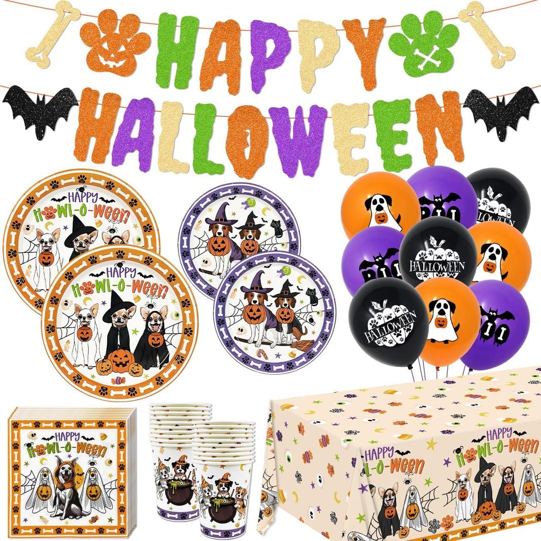 Halloween Dog Decorations Happy Howl-O-Ween Banner, Halloween Dog Theme Plates and Napkins Balloons with Pumpkins Bats for Indoor Home Party Tableware Supplies, Serve 20