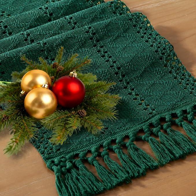 Socomi Boho Table Runner Macrame Long Valentine's Day Farmhouse Woven Cotton Linen Rustic Coffee Table Runner with Tassels for Dresser Scarf Home Decor Dining Room 12x108 inch Emerald Green