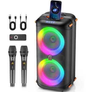 Karaoke Machine with 2 Wireless Microphones, Portable Bluetooth 5.3 Karaoke Speaker for Home Party Outdoors, PA System for Adults with Echo Adjustment/LED Lights, Support TV/USB/AUX/TF