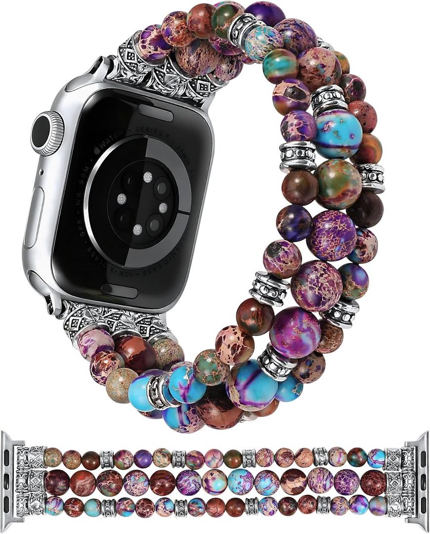 Moolia Stretch Natural Stone Strap Compatible with Apple Watch Bands 40/42/41/38mm Women, Jasper Handmade Bracelet Boho Beaded Band for iWatch Series 11 10 9 8 7 6 5 4 3 SE/Ultra 3 2 1