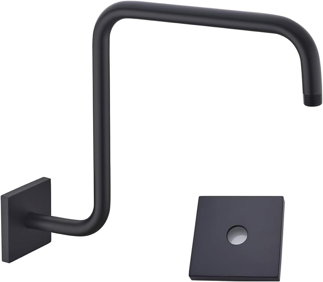 16 Inch Shower Head Extension Arm,S Shaped Gooseneck Shower Riser with Flange, Long Stainless Steel Rainfall Shower Pipe Arm Extender,Matte Black,SE-91058-16MB-SQ