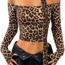 Milumia Women Leopard Print Off Shoulder Long Sleeve Crop Tops with Scarf (Large, Brown)