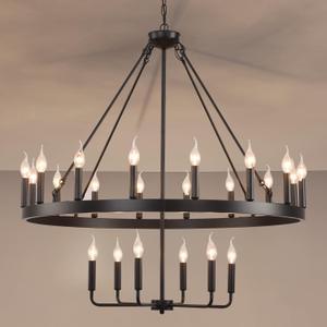 Wagon Wheel Chandelier 2 Tier 40 22-Light, Height Adjustable Large Modern Industrial Black Farmhouse Chandelier and Dining Room Living Room Ceiling Pendant Island Light Fixture