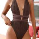 ZAFUL Women's One Piece Swimsuit Deep V Neck Ribbed Self Tie Sexy High Cut Bathing Suit Crisscross Back Swimwear (Brown, L)