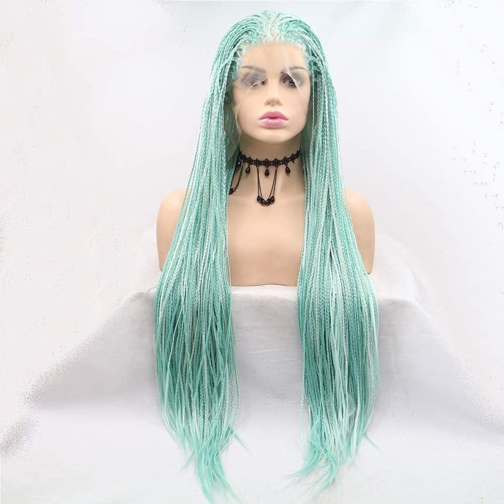 xiweiya Mint Green Braided Wigs Synthetic Blue Green Afro Braids Long Dutch Braids Lace Front Wig Heat Resistant Fiber 180% Density Wig For Women 24inch