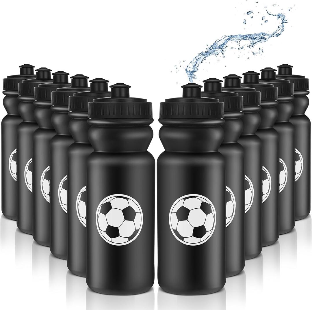 Nitial 12 Pack Water Bottles Bulk 20 oz Reusable Squeeze Water Bottles Plastic Sports Bottle with Pull Top Cap Sports Gifts Tumbler for Travel Gym Sport Party Supplies(Black,Soccer)