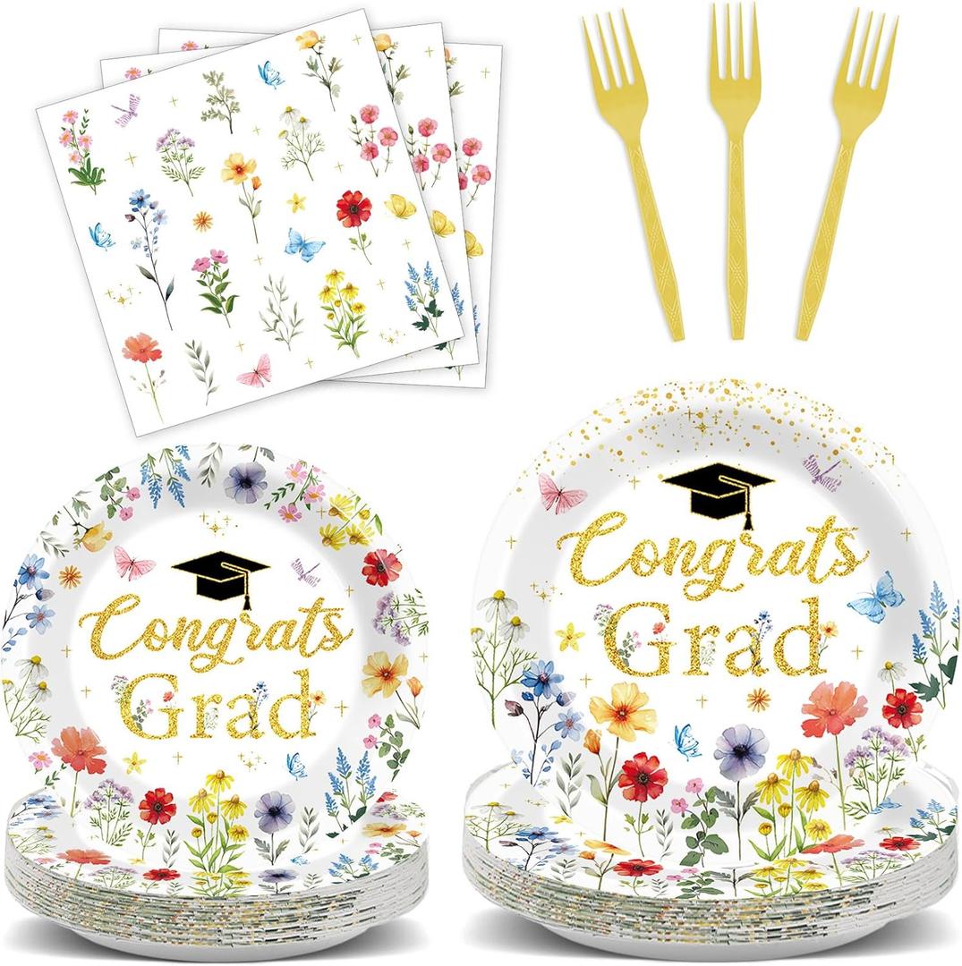 96Pcs Wildflower Graduation Party Decorations 2026 Congrats Grad Floral Paper Plates Napkins Flower Class of 2026 Disposable Tableware for College High School Grad Party Supplies Table Decor Serves 24