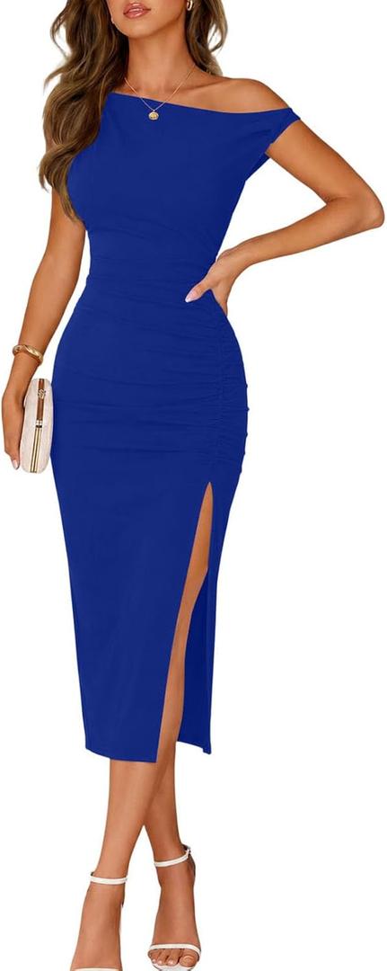 OWIN Women's Sexy Elegant Off Shoulder Sleeveless Side Slit Ruched Bodycon Wedding Guest Cocktail Party Midi Dress Royal Blue S