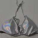 Women's Gold Bikini Top Halter Metallic Crop Top Triangle Rave Bra Swimsuit Top Medium, Unicorn Silver 