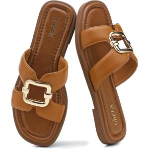 UBFEN Women's Square Toe H-Strap Slide Sandals Trendy Comfortable Summer Flat Sandals for Casual, Beach, Vacation, 38
