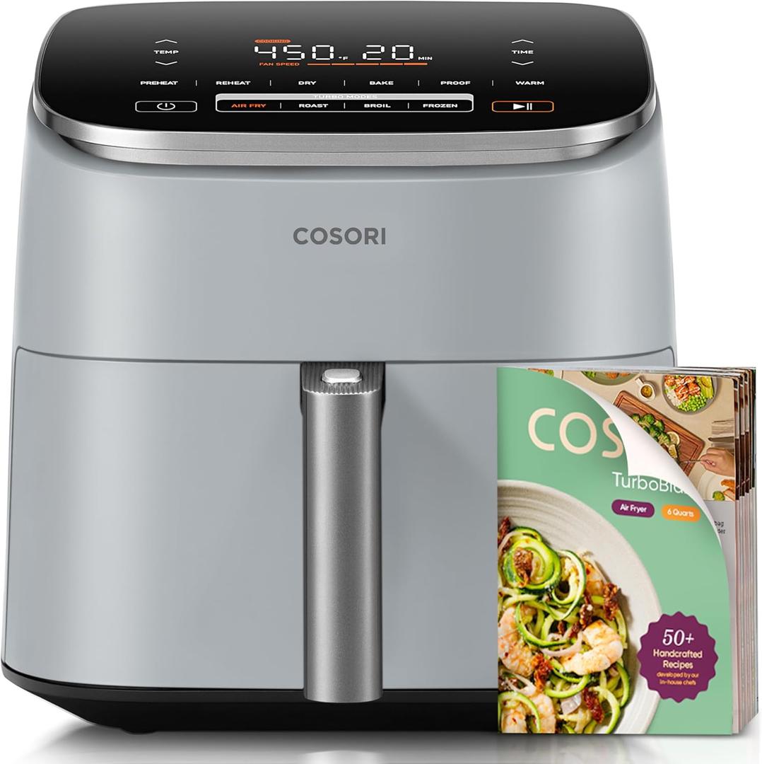 Cosori 9-in-1 TurboBlaze Air Fryer 6 Qt, Premium Ceramic Coating, 90450F, Precise Heating for Even Results, Air Fry, Roast, Bake, Broil, Dry, Frozen, Proof, Reheat, Keep Warm, 120V, Light Gray