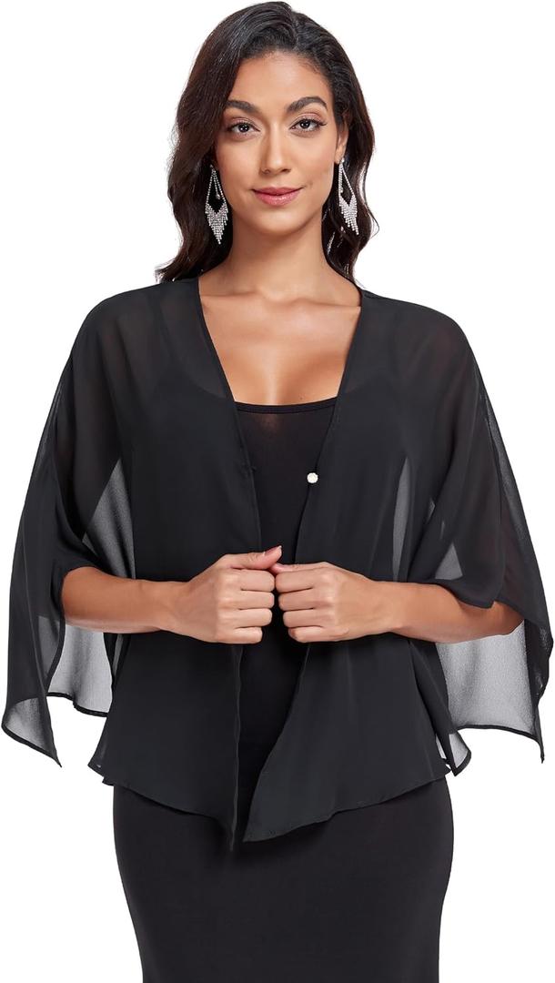 Shawls and Wraps for Evening Dresses Chiffon Soft Shawl for Wedding Guest Party Cover Up (Black)