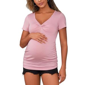 GINKANA Maternity Shirts Short Sleeve Summer Tops Twist Front Deep V Neck Maternity Blouse Casual Tees Tunics for Daily Wear,Pink,XL (Pink, XL)