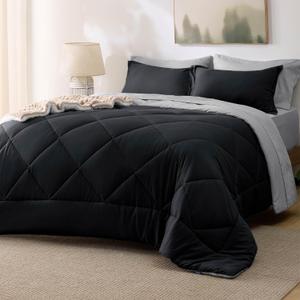 Bedsure Queen Comforter Set - 7 Pieces Reversible Black Bedding, Queen Size Bed Set for All Seasons, Bed in a Bag with Down Alternative Comforter, Sheets, Pillowcases & Shams